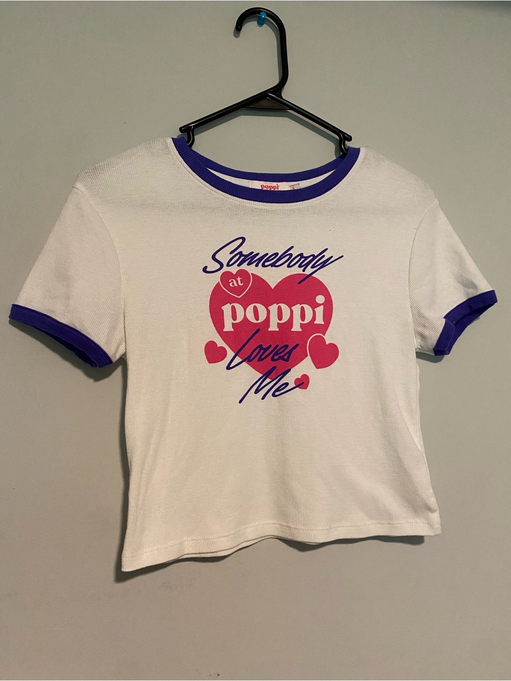 Poppi "Somebody at poppi Loves Me" Graphic Ringer Tee White Purple Size S